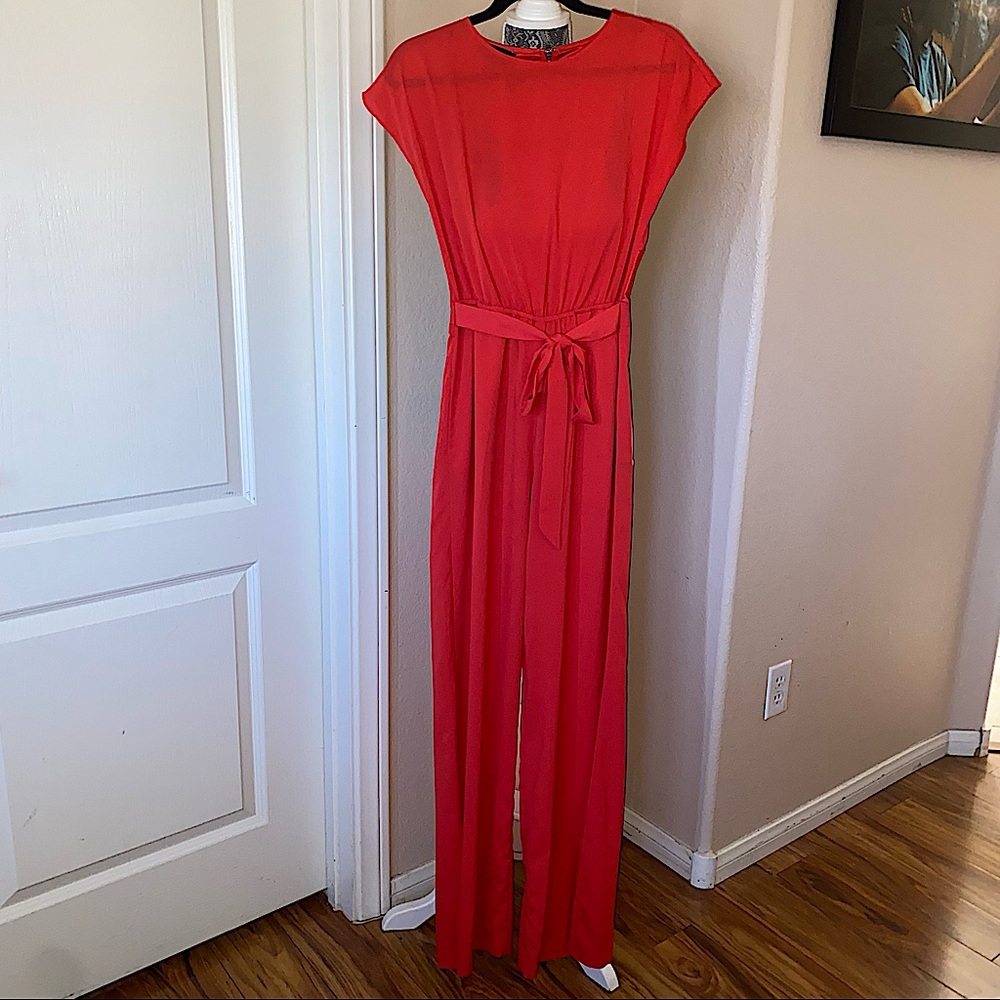 Bebe red tie front formal jumpsuit size 6